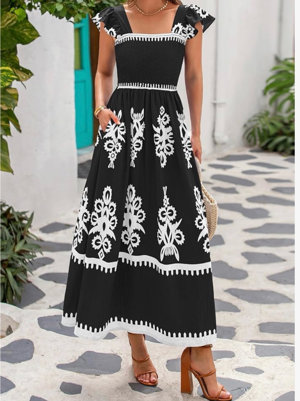 NEW. BTFBM Black & White Smocked Crinkle Pretty Dress with Embroidered Print